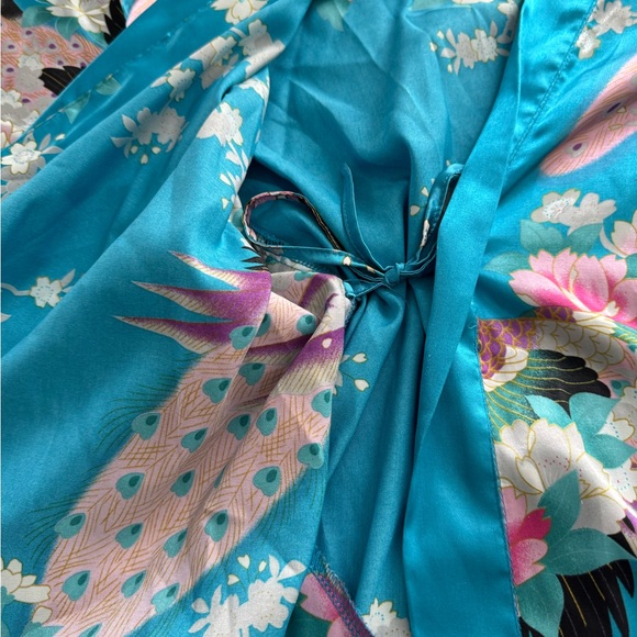 Applesauce teal blue satin peacock floral silk-like belted robe, one size boho - Picture 8 of 16